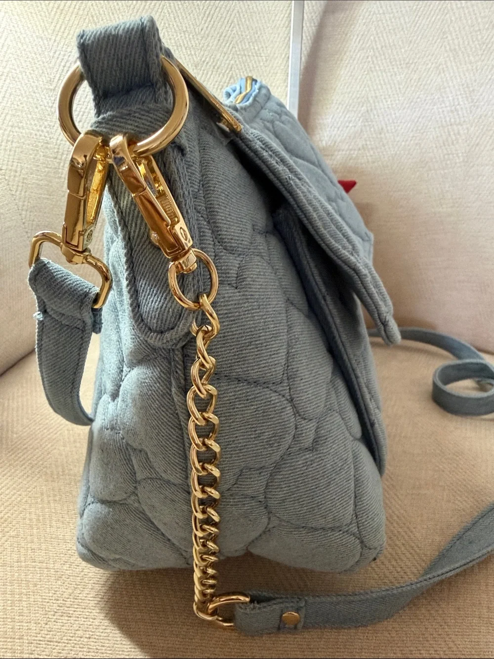 Betsey Johnson Quilted Heart Jeans Shoulder Bag in Light Blue with Bandana Charm